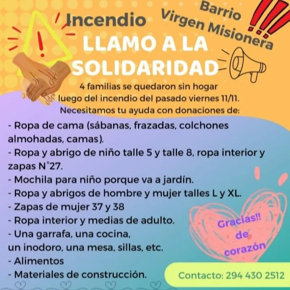 Las familias de las casas incendiadas en Virgen Misionera siguen necesitando ayuda