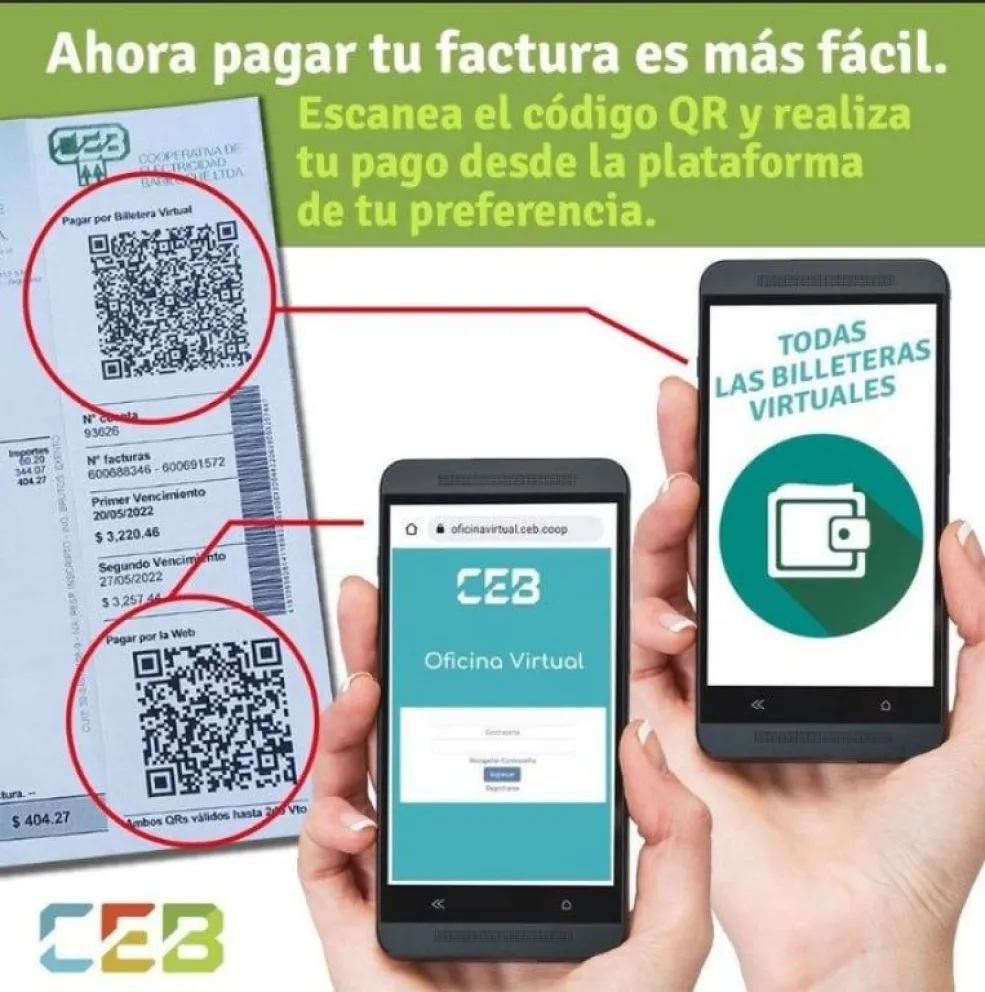 La factura de la CEB incorpora código QR para pago electrónico