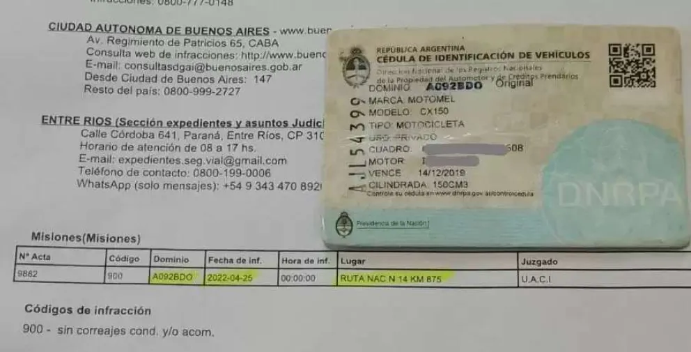 Misiones: Lo multaron por no tener cinturón de seguridad en la moto
